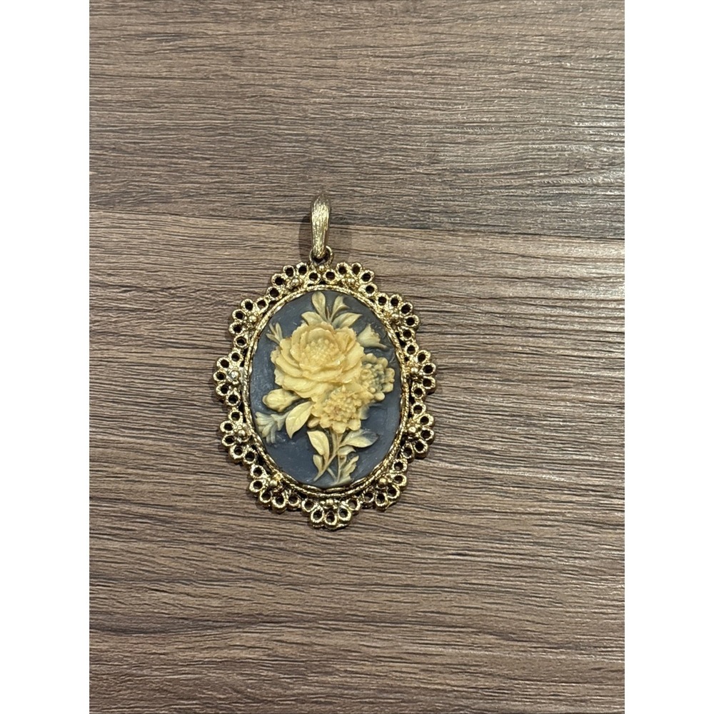Vintage SHP Exclusive Cameo Pendant Signed Blue/cream Ivory Carved Floral 2.5"